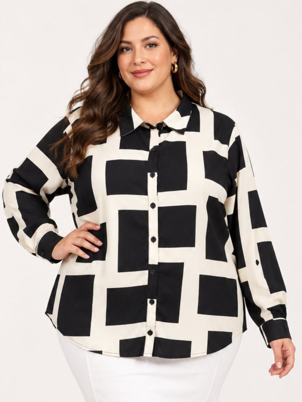 Millennium Size 2X Black & Ivory Geometric Button-Front Blouse